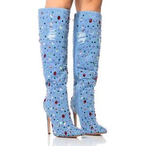 New Azaela‎ Wang Boots Tall High Heel Chilli Denim Stiletto Gem Women Size 8